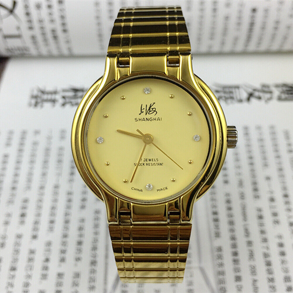 34mm Shanghai Factory manual watch with golden case and yellow dial, classic mechanical timepiece for enthusiasts