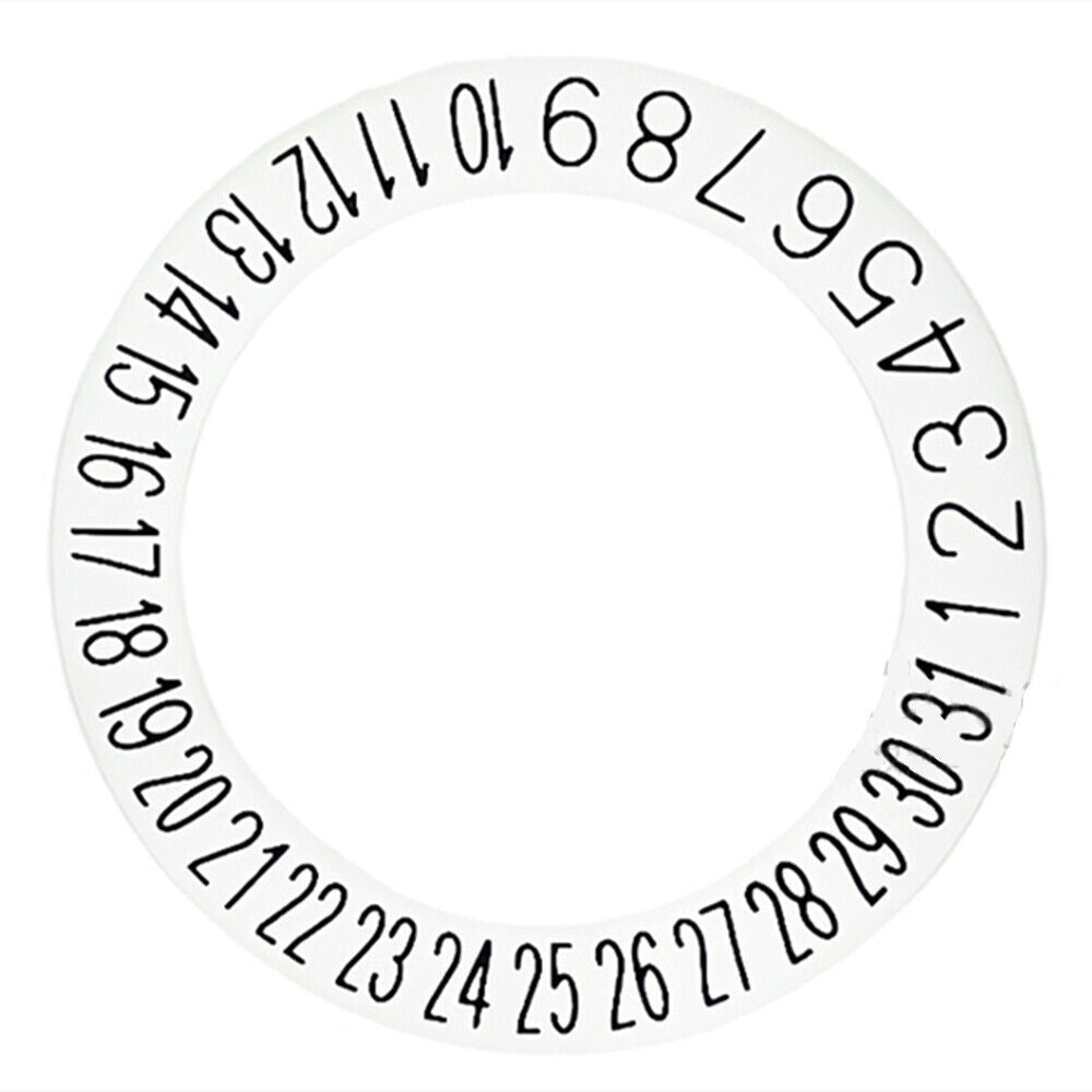 Black font date disk wheel on white background for NH35 NH36 movement, date positioned at 6, Seiko-compatible.