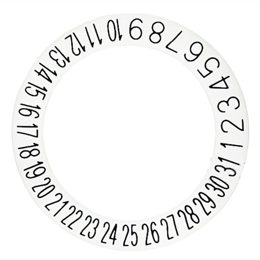 Black font date disk wheel on white background for NH35 NH36 movement, date positioned at 6, Seiko-compatible.