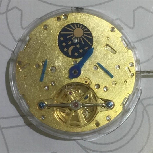 Golden moon phase watch with automatic mechanical movement by China Made, showcasing multifunctional design.
