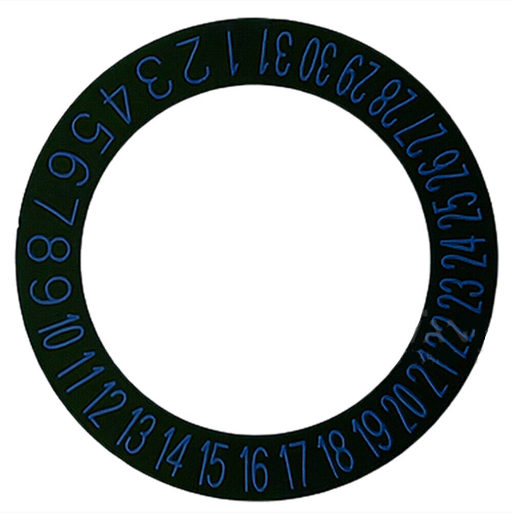 Blue date disk wheel for NH35 NH36 watch movement, date displayed at 6 o'clock, black background, branded.
