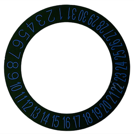 Blue date disk wheel for NH35 NH36 watch movement, date displayed at 6 o'clock, black background, branded.