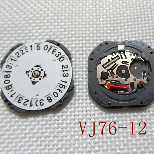 Hattori Epson TMI VJ76 quartz watch movement with date display at 6/12, Japan made precision component.