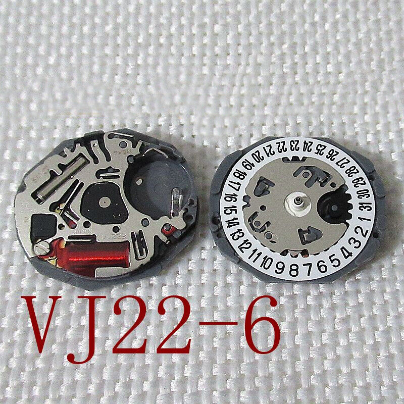 Hattori Epson TMI VJ22 quartz watch movement with date window at 3/6, Japan-made precision mechanism.