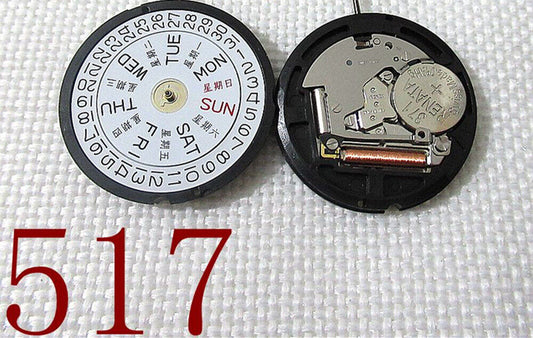 Ronda 517 quartz watch movement with English & Chinese day-date display at 3 o'clock, Swiss parts.