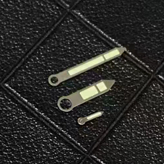 Silver trimmed light green lume watch hands for ETA6497/6498 and ST3600/ST3620/ST3621 movements, ideal for precision repairs.