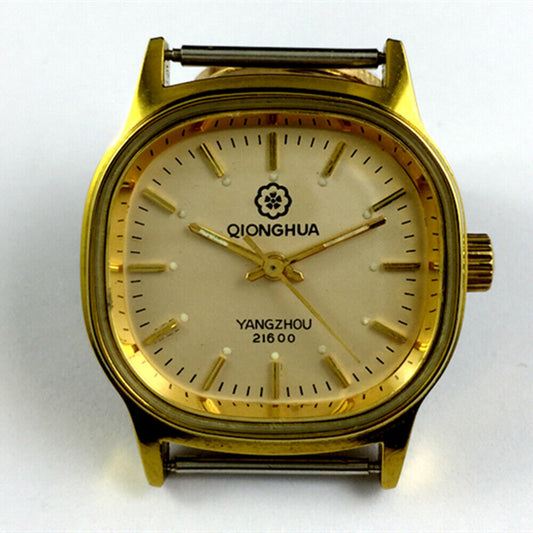 Yangzhou Qionghua 34mm manual steel watch with golden dial and matching band, elegant design.