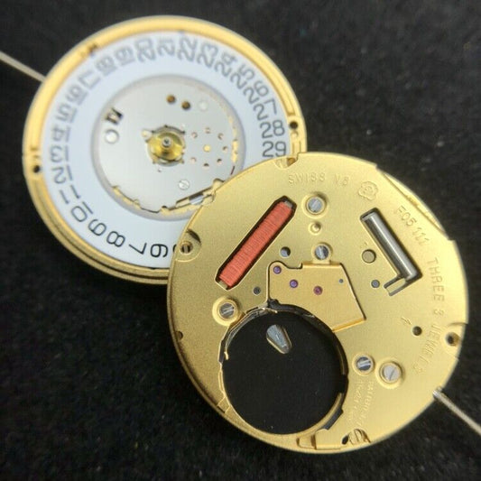 Original ETA F05.111 quartz watch with 3 hands and date display at 3 o'clock, Swiss movement precision.