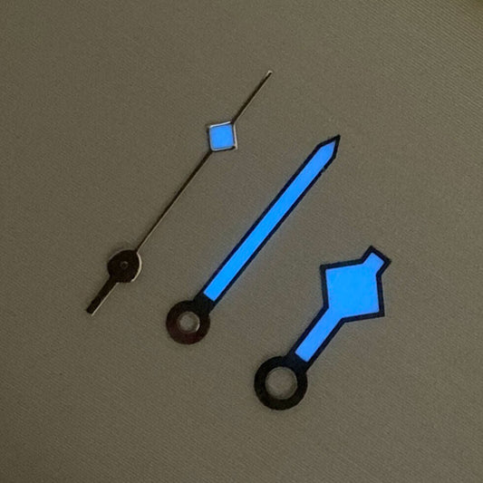 Blue luminous silver watch hands compatible with NH35/NH36 movement, perfect for watch repairs and upgrades.