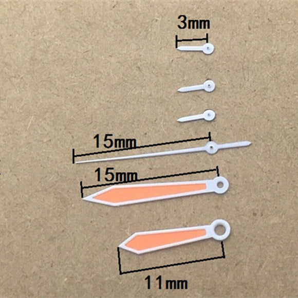 15mm 6 Hands White Trim NO Lume Orange Watch Hands for ISA 8172 Quartz Movement