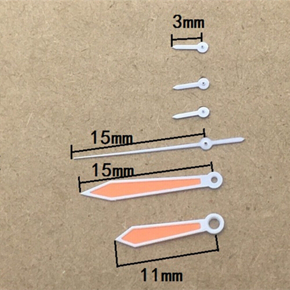 Orange 15mm 6-hand watch hands with white trim, designed for ISA 8172 quartz movement, no lume.