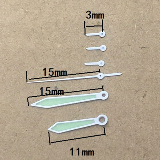 15mm green lume watch hands with white trim, 6 hands set for ISA 8172 quartz movement.
