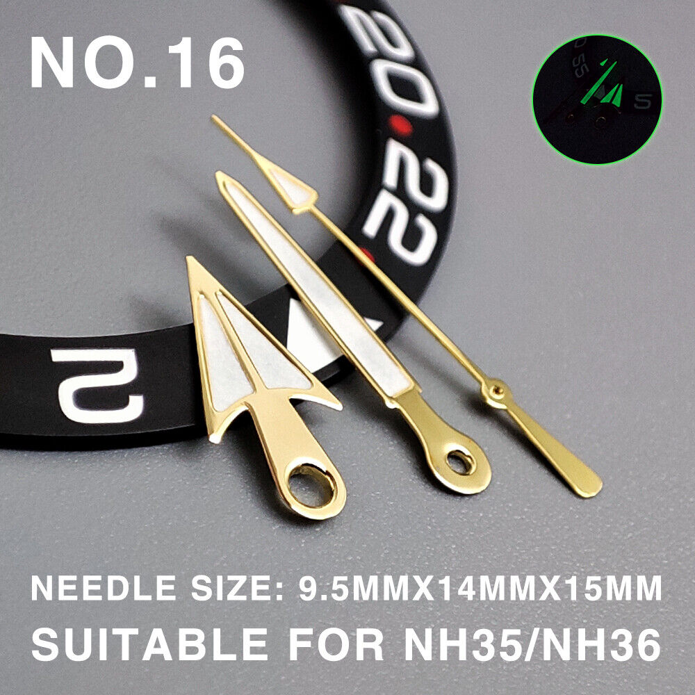 Arrow-shaped golden trim luminous watch hands, 15mm, compatible with Miyota NH35/NH36/NH38 movements.
