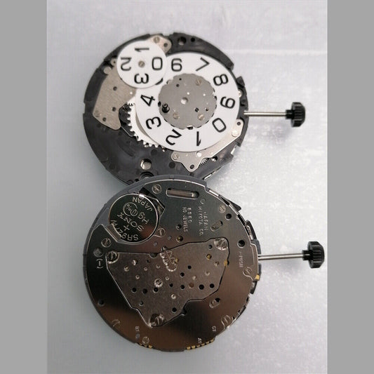Miyota 6S50 quartz watch movement showing date at 12, small seconds at 3, 6, and 9 positions for precise timekeeping.