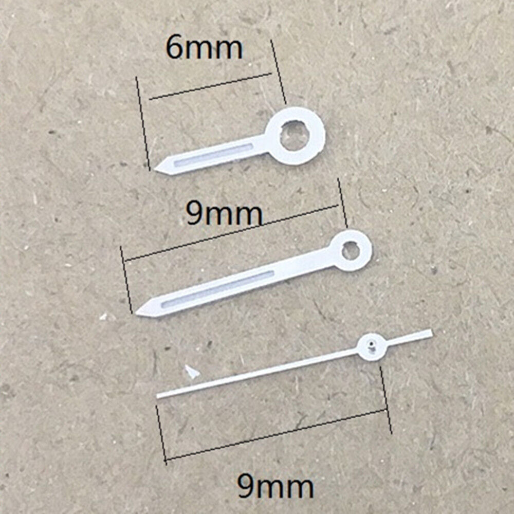 Silver-trimmed green lume 9mm watch hands for Miyota 1M12 quartz movement.