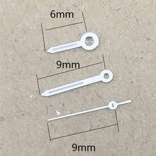 Silver-trimmed green lume 9mm watch hands for Miyota 1M12 quartz movement.