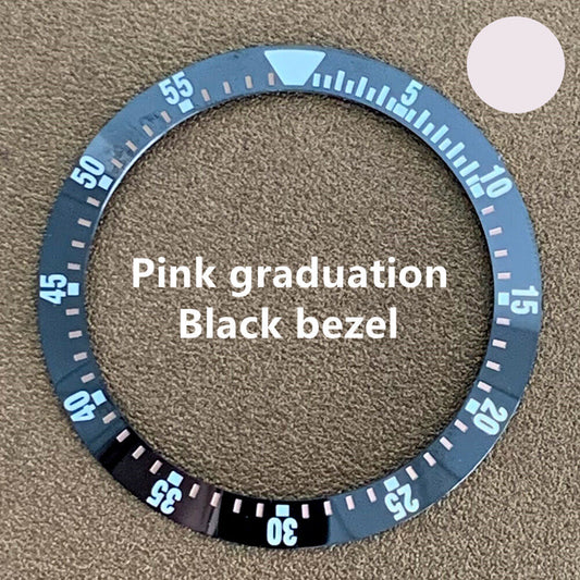 Black 38mm/30.5mm ceramic watch bezel insert with pink graduation, compatible watch parts for precision repair.