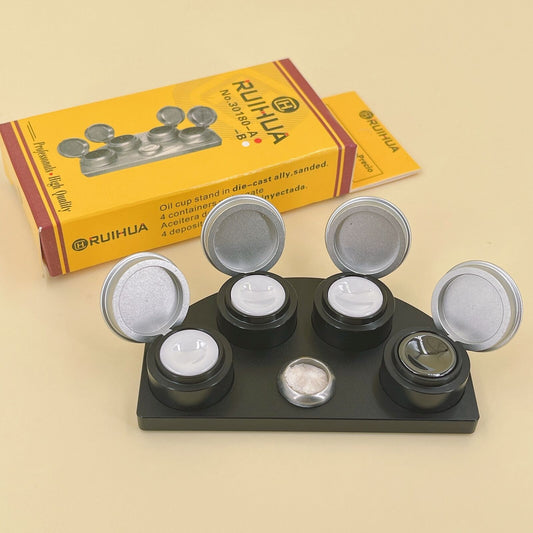 Die-cast alloy oil cup stand with 4 containers for precise watch repair.