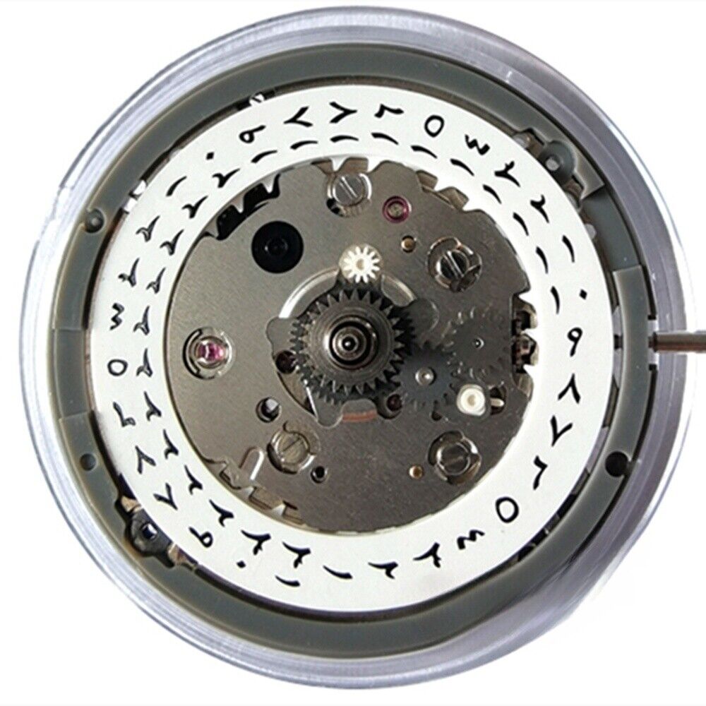 NH34 automatic GMT watch movement with white dial, Arabic numerals, date, and hacking seconds feature.
