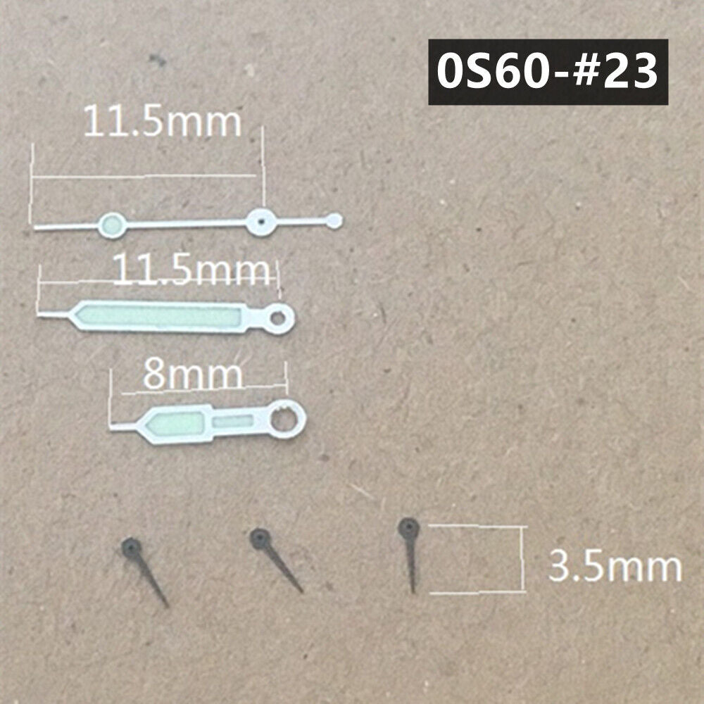 Silver trim tip green luminous watch hands for Miyota 0S60 movement, enhancing visibility and style.
