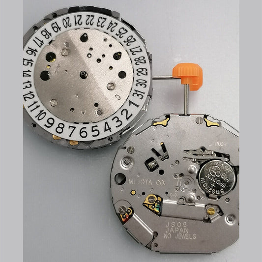 Miyota JS05 watch movement close-up showing small seconds at 2, 6, and 10 o'clock with date at 6, Japan made.