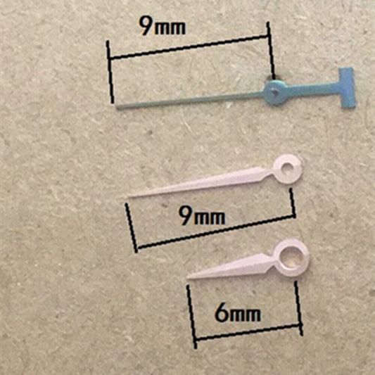 Rose gold 9mm watch hands with no lume for Epson TMI VJ22 quartz movement, elegant and precise.