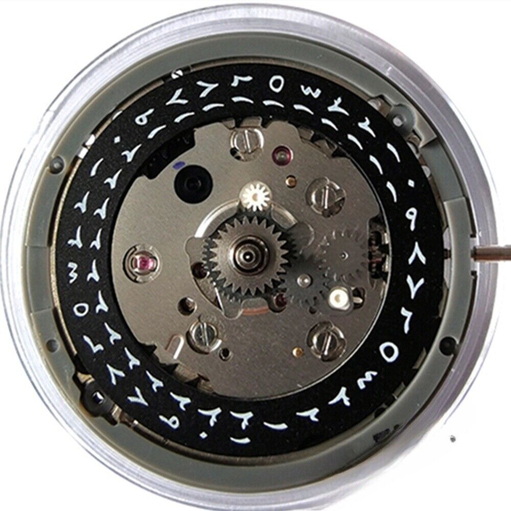 Genuine NH34 automatic mechanical watch movement with Arabic numerals, black dial, date, and hacking seconds.