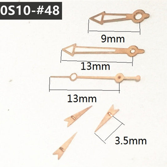 Rose golden trimmed green luminous watch hands for Miyota 0S10 quartz movement, precise fit accessory.