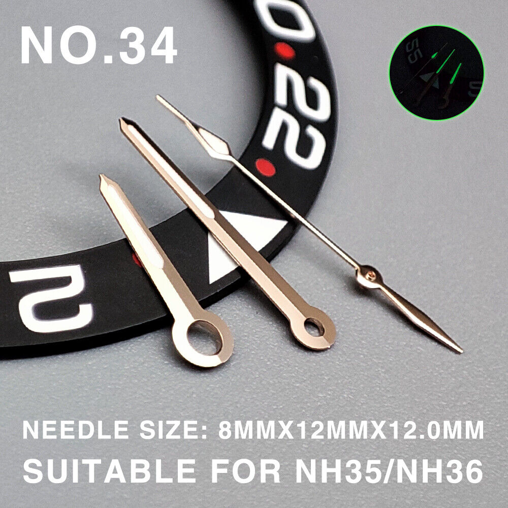 Green lume rose gold 12mm watch hands for Miyota NH35/NH36/NH38, enhancing visibility and style.