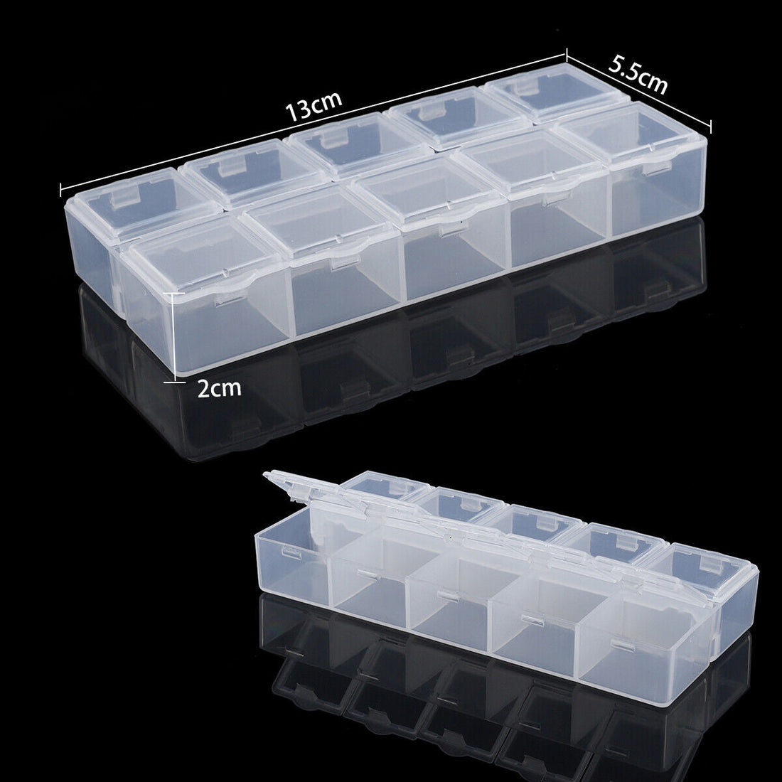Set of 5 transparent plastic storage cases with 10 compartments, perfect for organizing small items.