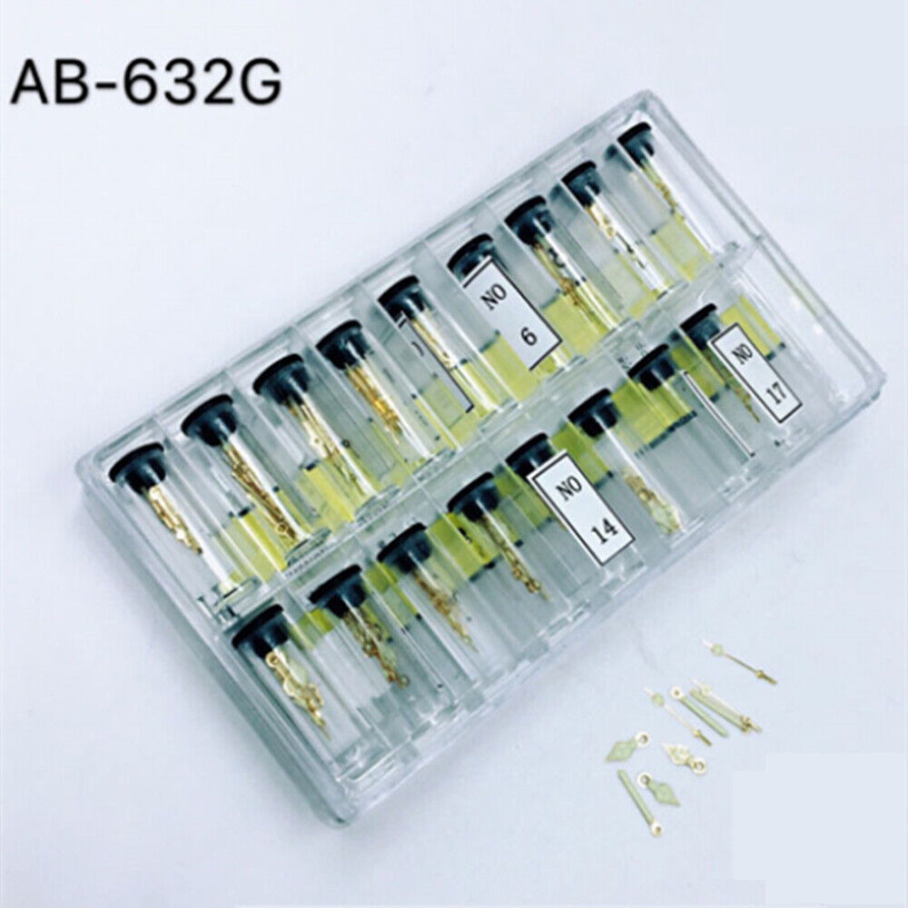 Set of 17 luminous gold watch hands in various sizes for precise timepiece repair by AB-632G.