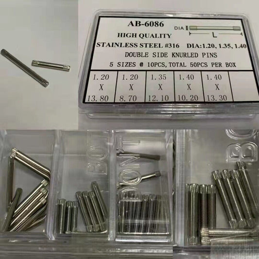 Knurled bar pins for watch band links, AB-6086, 1.2mm to 1.4mm thickness, durable watch accessory.