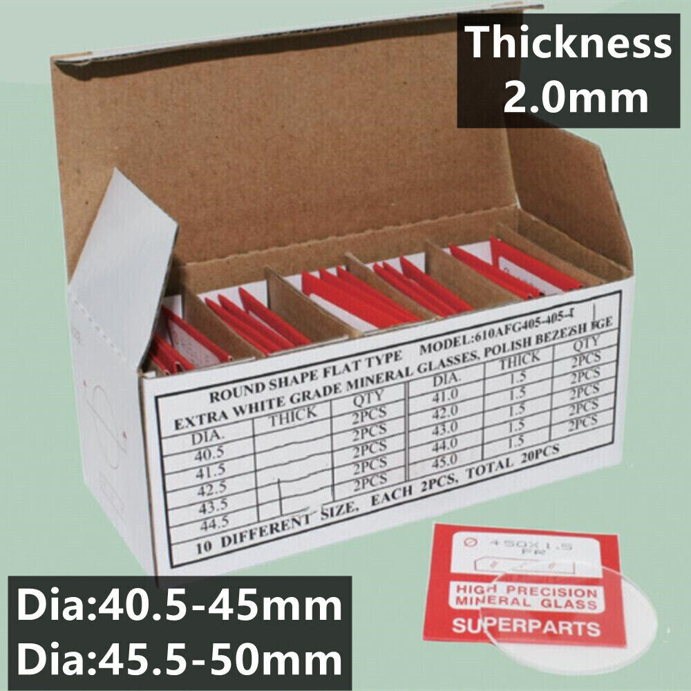 Set of 20 flat 2.0mm thick round watch glass crystals, 40.5-50mm, ideal for watch repair and replacement.