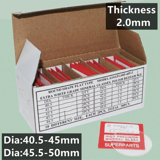Set of 20 flat 2.0mm thick round watch glass crystals, 40.5-50mm, ideal for watch repair and replacement.