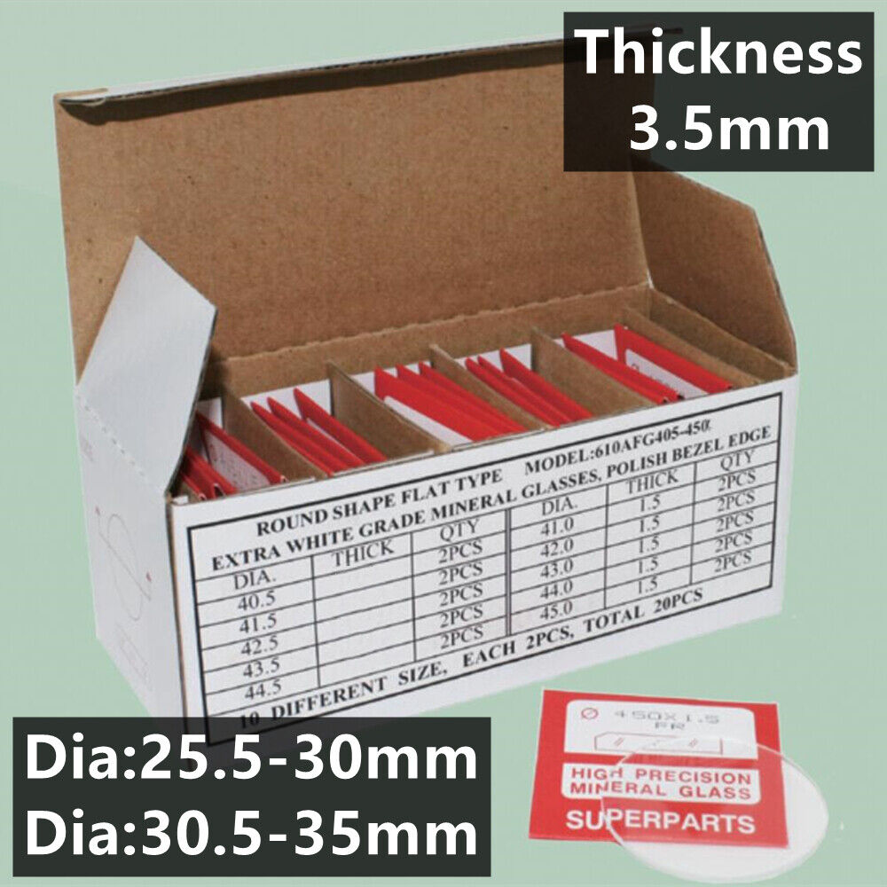 Set of 20 flat 3.5mm thick round mineral watch crystals (25.5-35mm) for glass replacement.