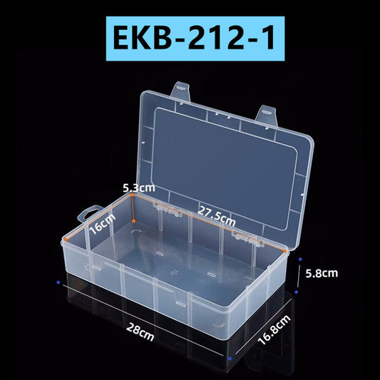 Small clear rectangular toolbox, 5.8x28x16.8cm, ideal for organized storage with hinged lid.