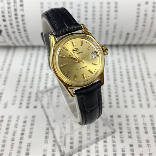Golden dial Seagull Lady Watch with 19 jewels, manual mechanical movement, made in Tianjin, China.