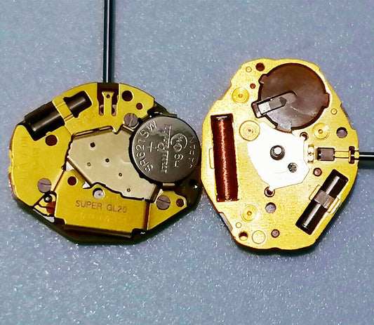 Miyota GL20 Japan quartz movement watch mechanism with two golden hands, precision-crafted.