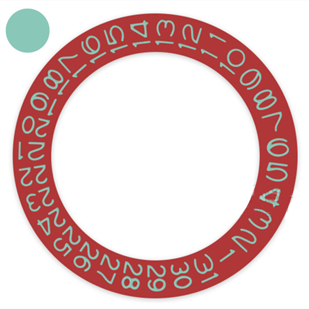 Red background datedisk with jungle green font, compatible with Miyota NH35 NH36 watch movements.
