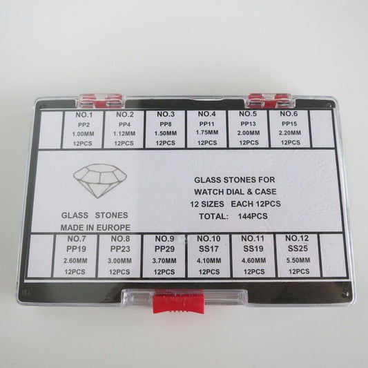 Assortment of 12 sizes PP2-SS25 watch glass stones for dial and case decoration, enhancing watch accessories.