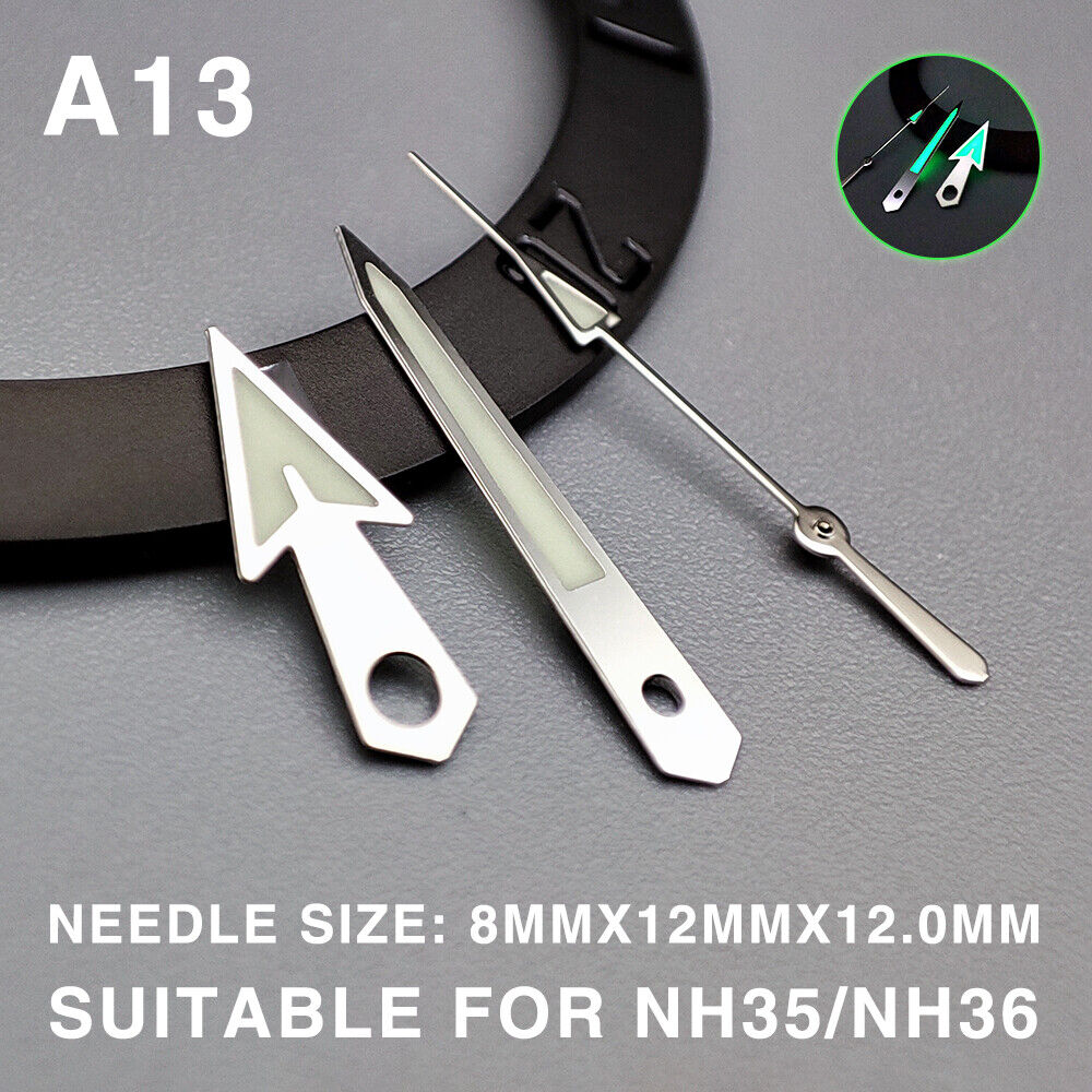 Green lume arrow-shaped silver-trimmed 12mm watch hands for Miyota NH35/NH36/NH38 models.