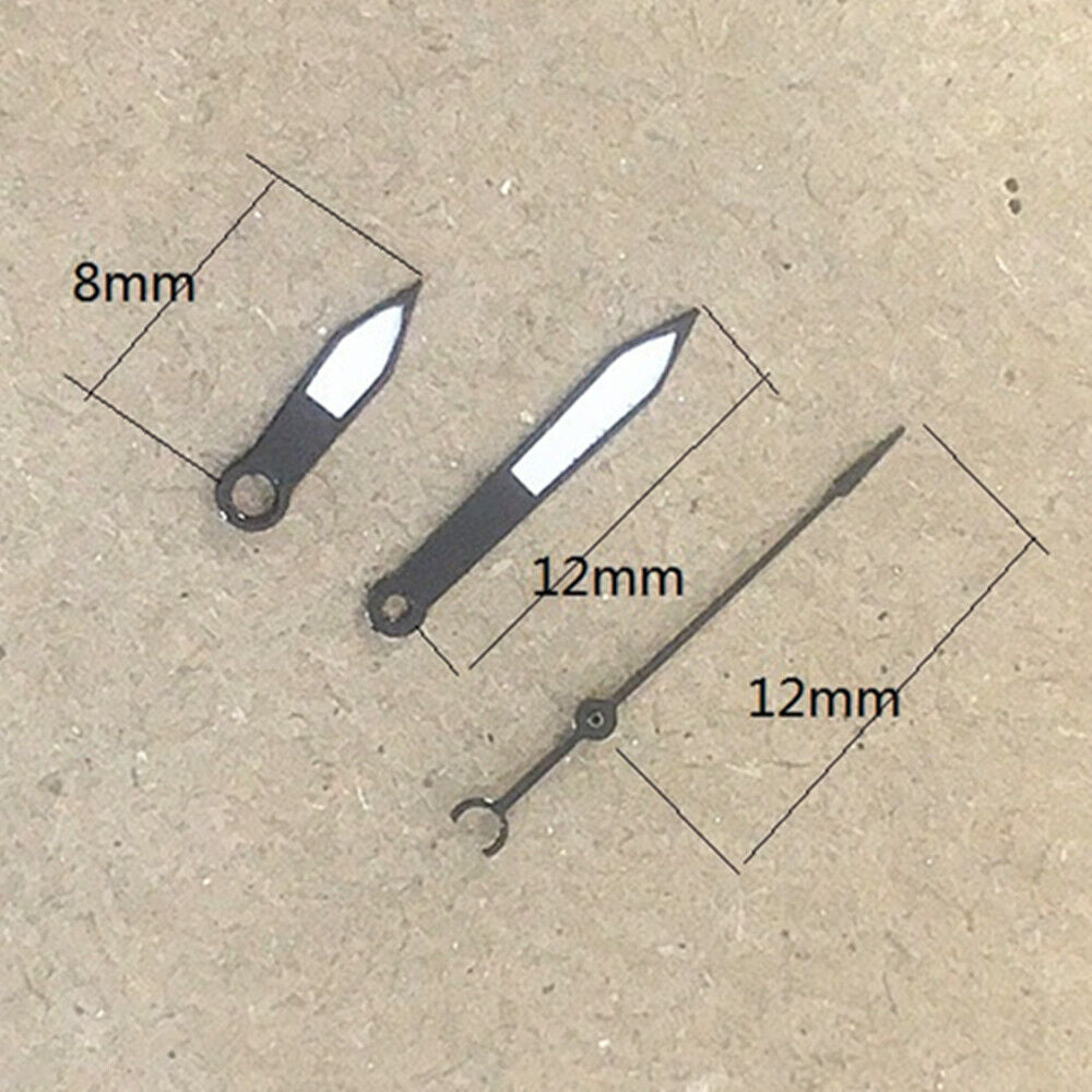 12mm black arrow-shaped watch hands with trim, designed for Hattori Epson PC32 quartz movement.