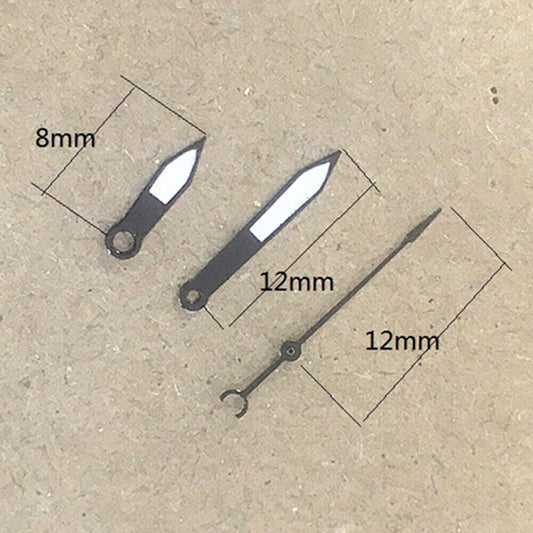 12mm black arrow-shaped watch hands with trim, designed for Hattori Epson PC32 quartz movement.
