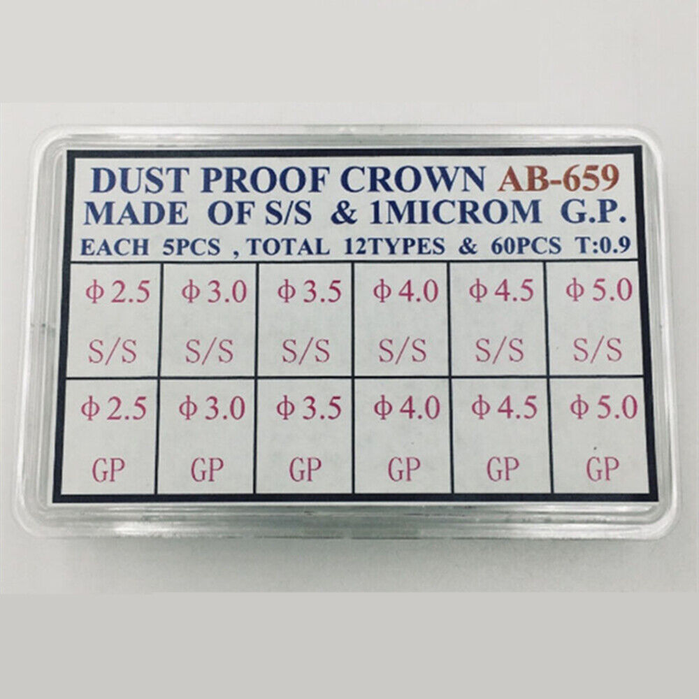 Dust-proof AB-659 steel watch crown kit with 1 MICROM gold plating for precise watchmaker repairs.