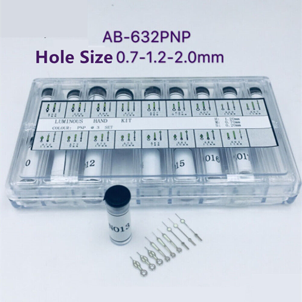 Luminous silver watch hands kit AB-632S with 17 sizes for precise watch repair and customization.