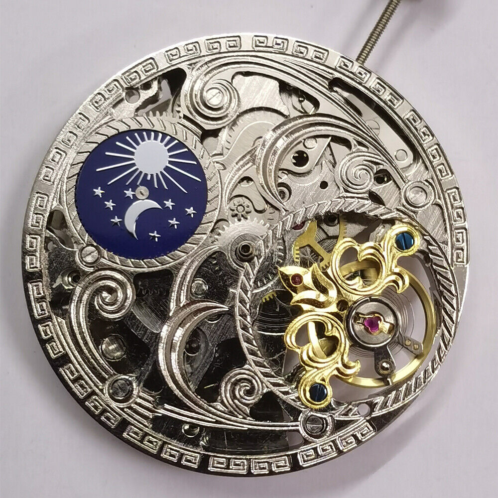 Automatic mechanical watch with silver 3 hands, hollow free wheel, and moon phase at 12, brand featured.