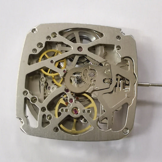 Square automatic mechanical watch with Tianjin Seagull ST25 movement, silver hollow 3-hand dial.