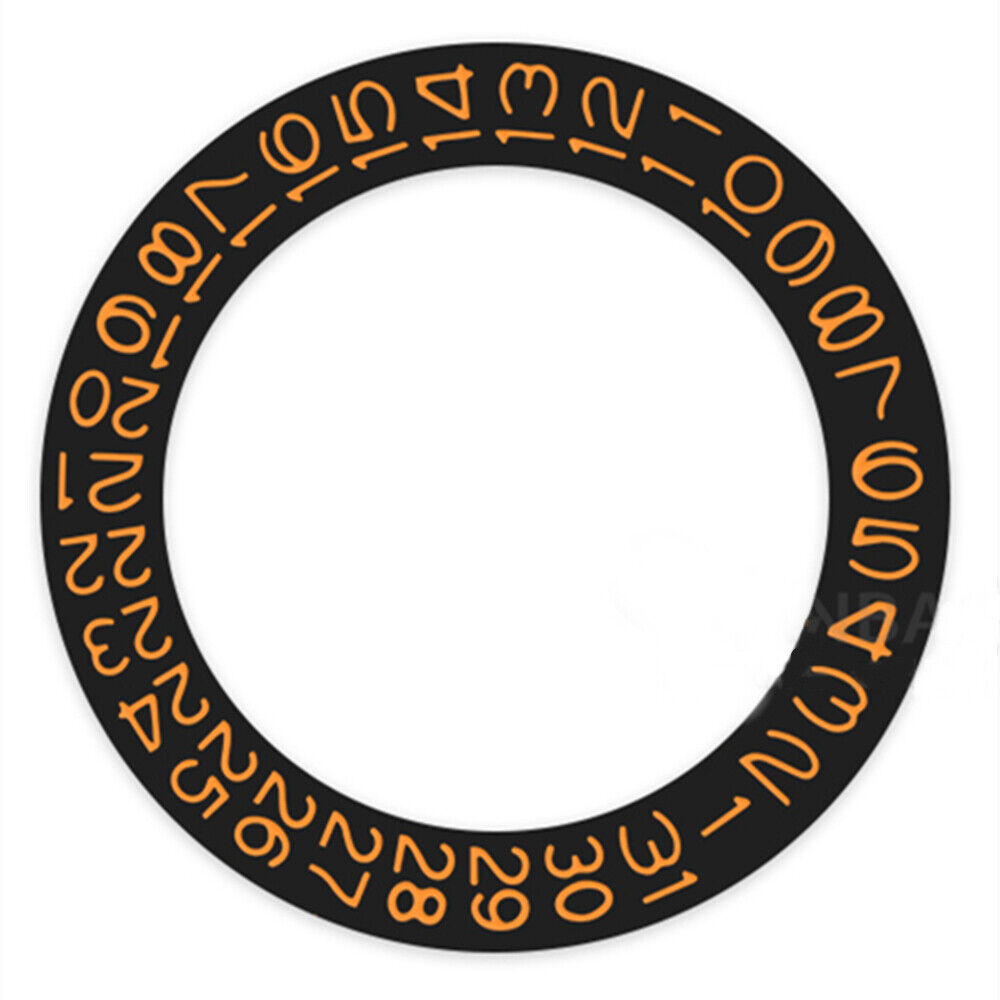 Black background close-up of orange date wheel for Miyota NH35 NH36 watches, enhancing timekeeping accuracy.