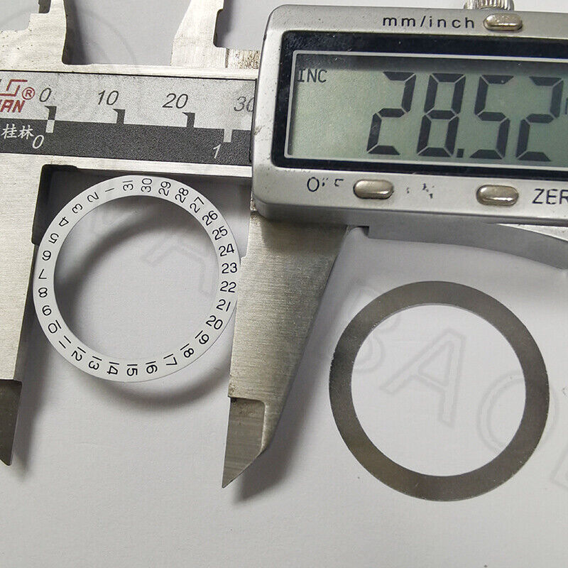 Date disk wheel showing 28.5mm size for watch movement, date displayed at 3 o'clock position, generic brand.