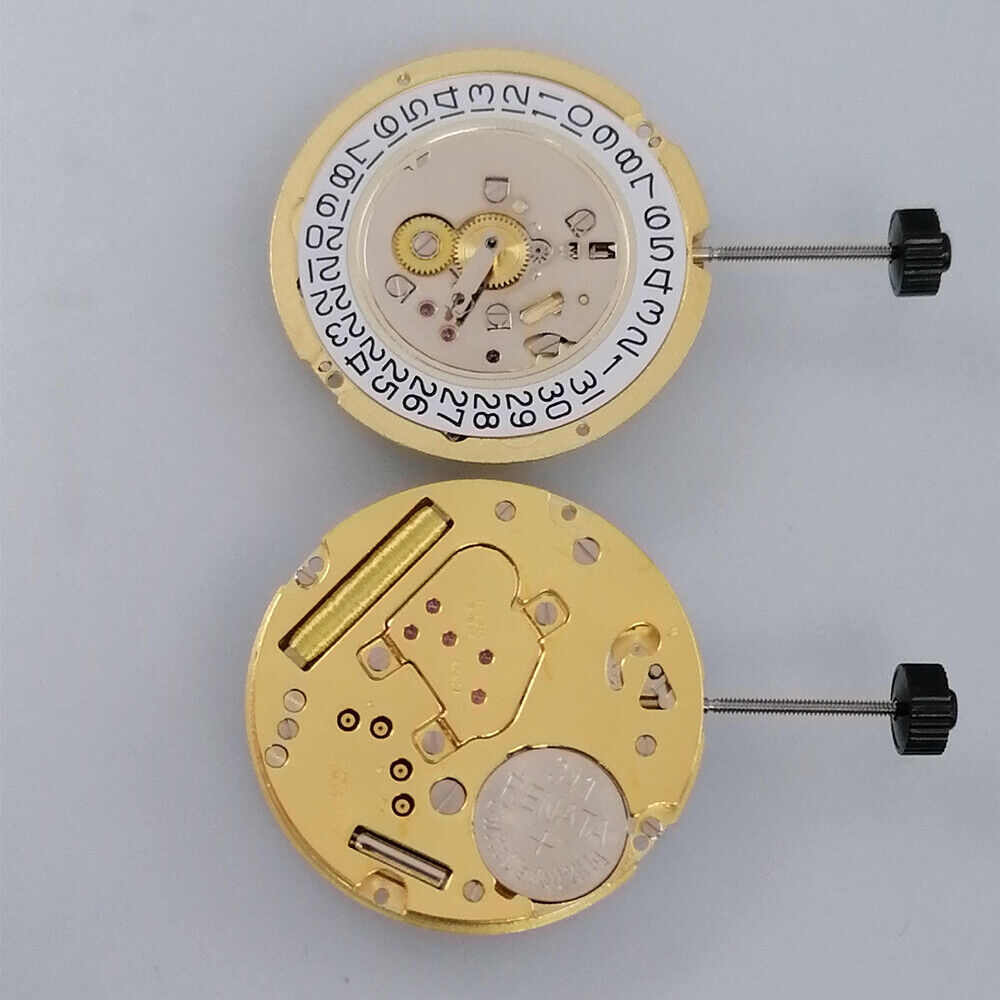 Ronda 1015 Swiss Made quartz watch movement with 3 hands and date display at 3 o'clock for precision timekeeping.